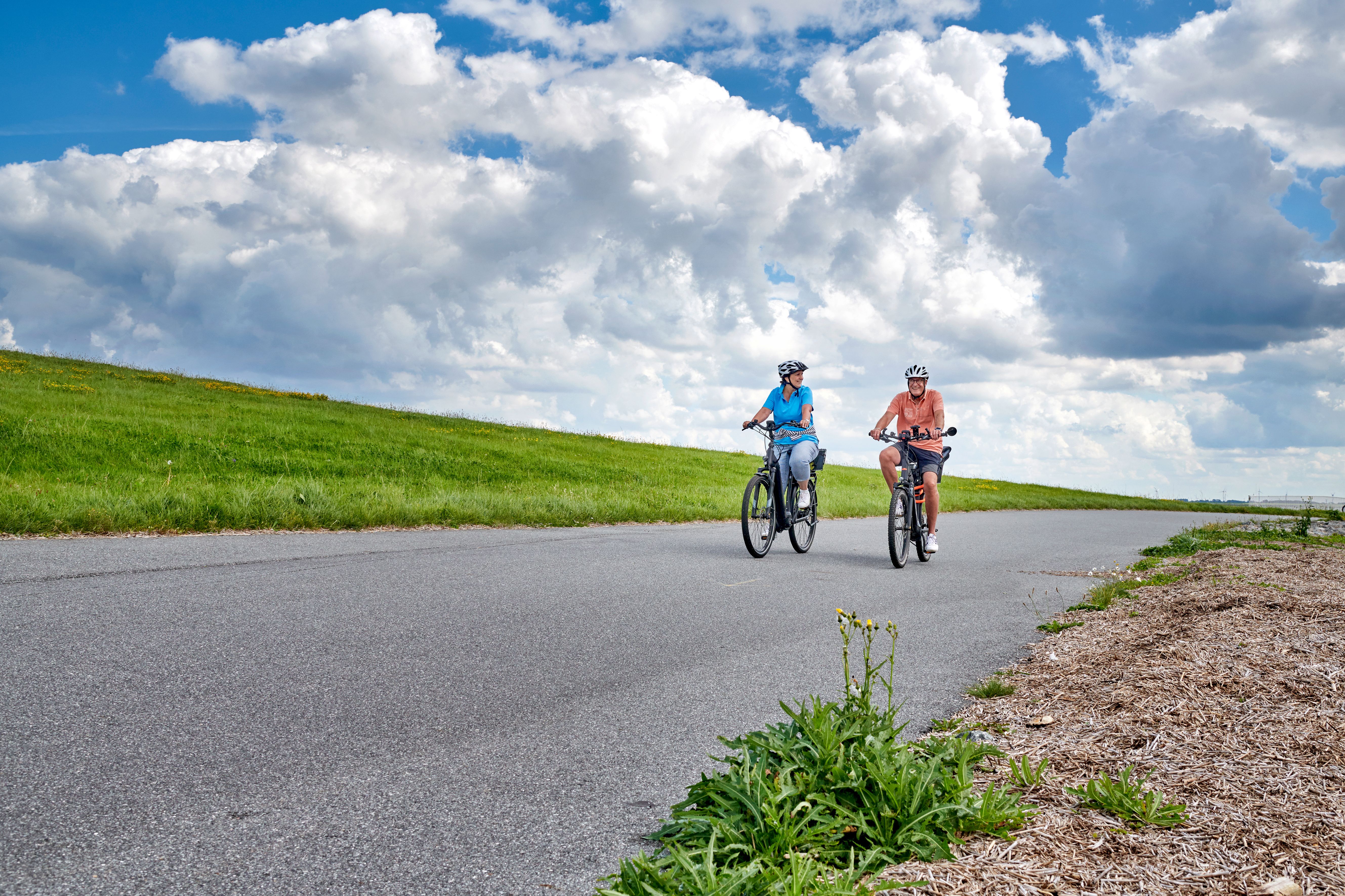 Zwei Radfahrer fahren am Elbdeich entlang mit Blick auf den grünen Deich