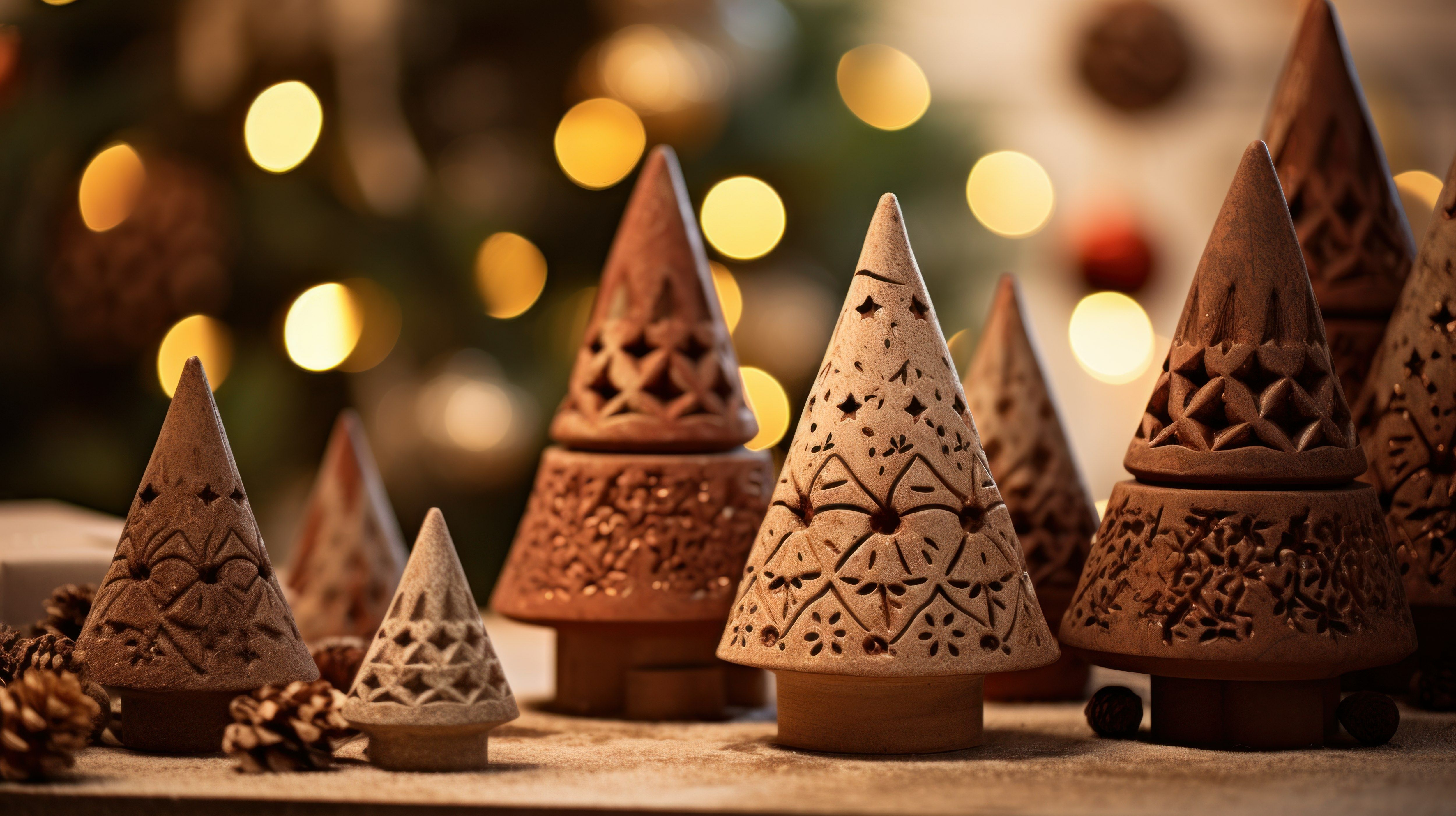 Kleine geschnitzte Tannenbäume aus Holz stehen auf einem Tisch, im Hintergrund funkelt ein Tannenbaum