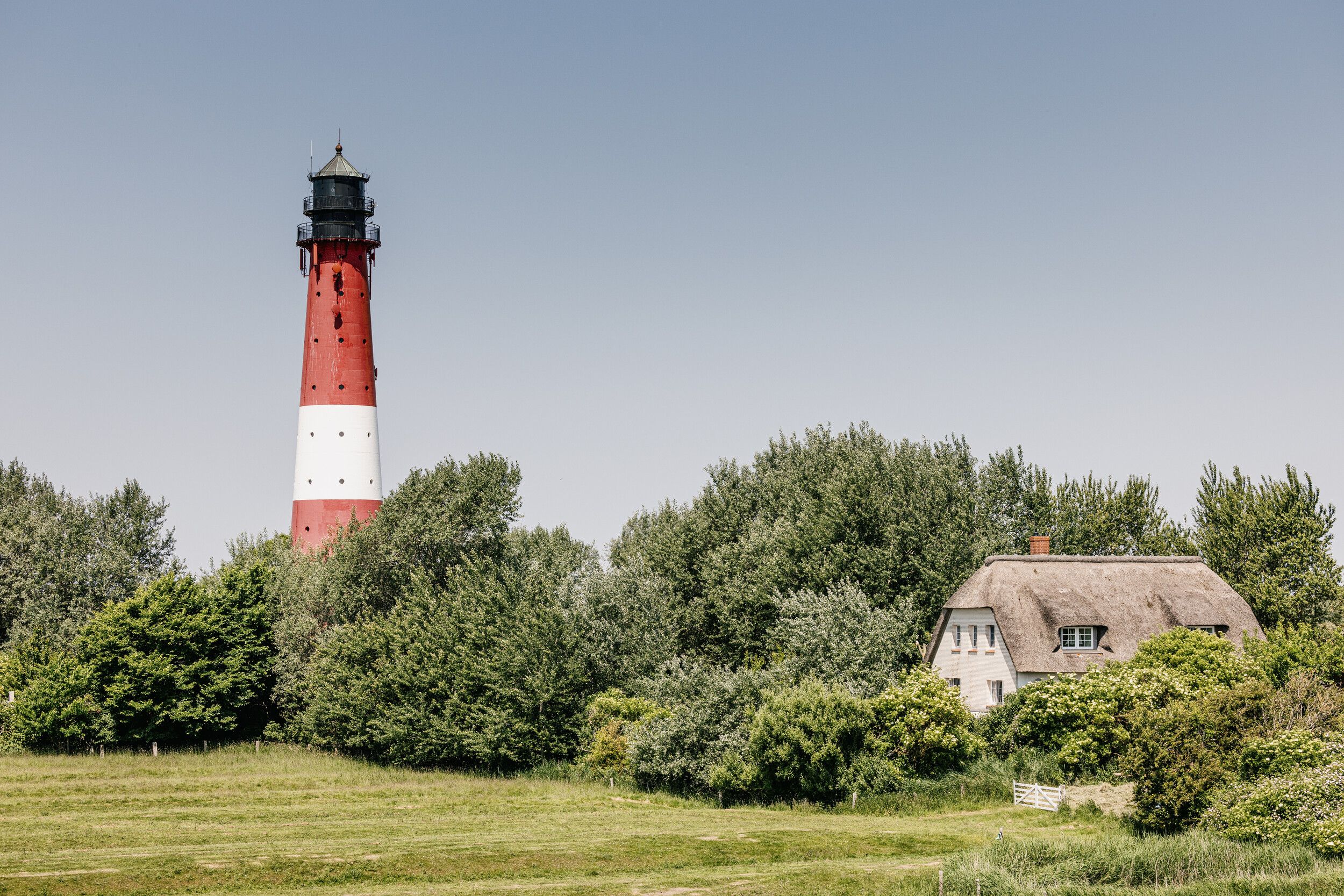 Pellwormer Leuchtturm an einem sonnigen Tag mit einem Ferienhaus an der Nordsee.